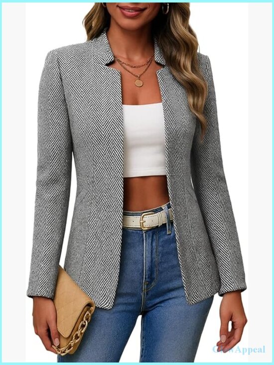 Jackets & Blazers - Lightweight Open Front Tweed Blazer - Plaid Stand Collar Lined Casual Work